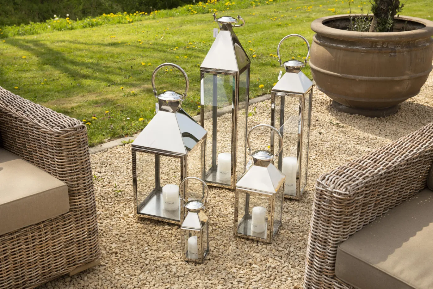Lanternes|Décoration<Flamant CHARME, lanterne, acier et verre, XS Argent